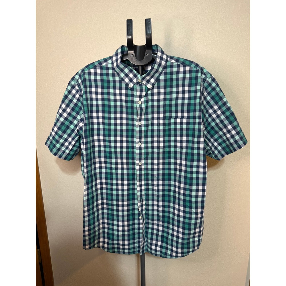 Croft & Barrow Mens XXL Green Navy Gingham Plaid Easy Care Short Sleeve Shirt